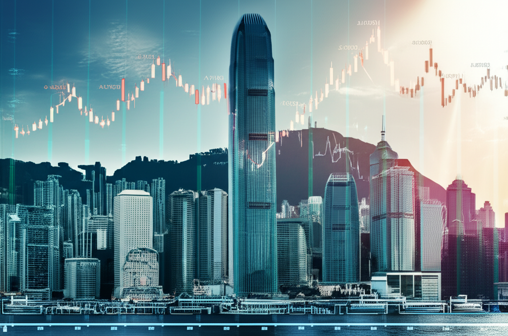 Hong Kong skyline, forex charts, illustration