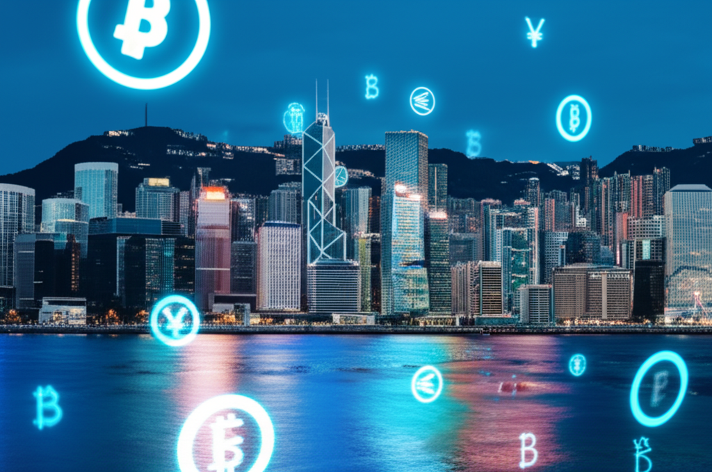 Hong Kong cityscape with financial charts, digital currency symbols, illustration.
