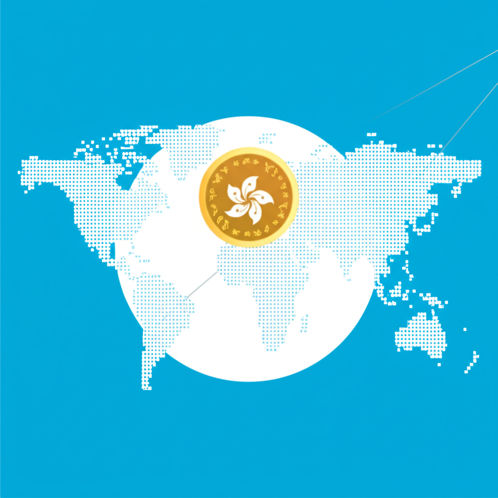 全球地圖突出香港與亞太地區，數位貨幣符號，現代金融插圖