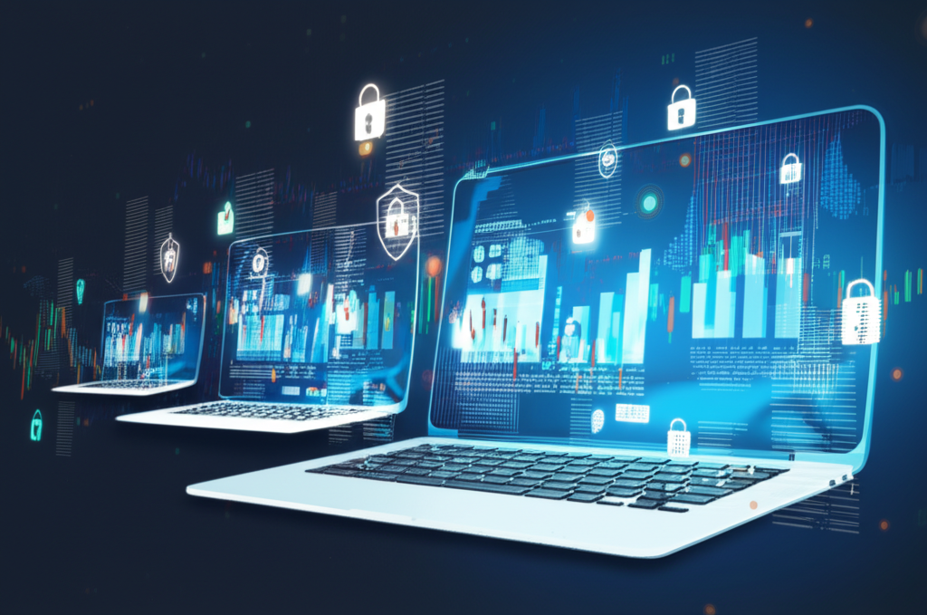 Secure online trading, global market, illustration.