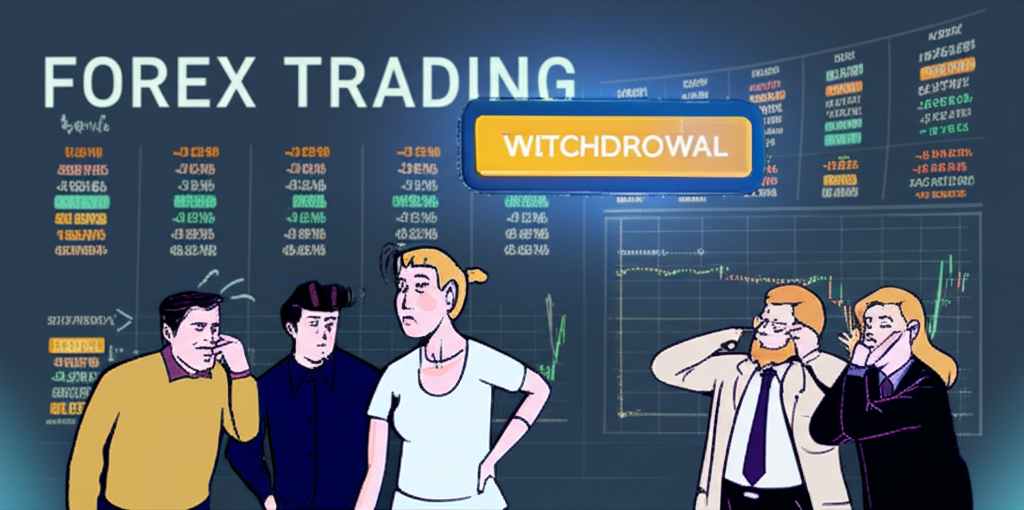 全球交易平台畫面顯示外匯黃金與股票，交易者困惑地看著出金按鈕，象徵MT5出金的挑戰