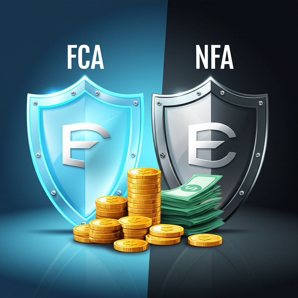插畫對比受FCA、ASIC、NFA等監管機構保護的透明外匯平台與處於灰色地帶的無保障平台